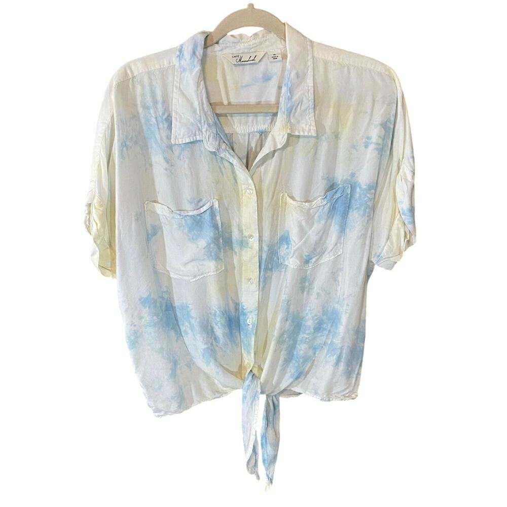 Caffé Marrakesh Tie Dye Button Down Shirt XL Rayon Blue White Short Sleeve
